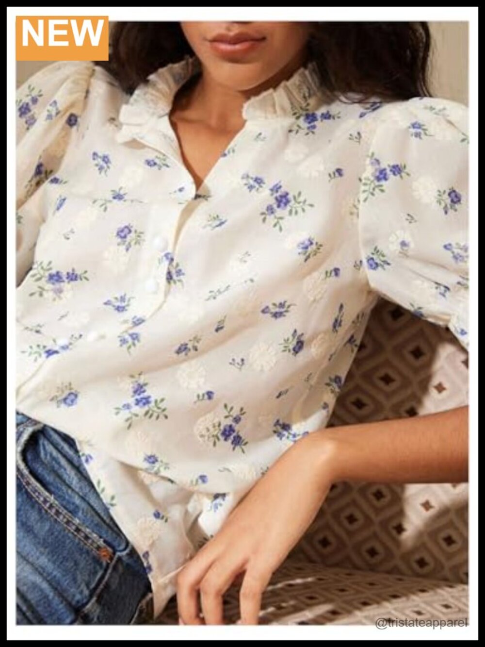 Boho Floral Puff Sleeve Peasant Blouse Button Down V Neck - Picture 3 of 4